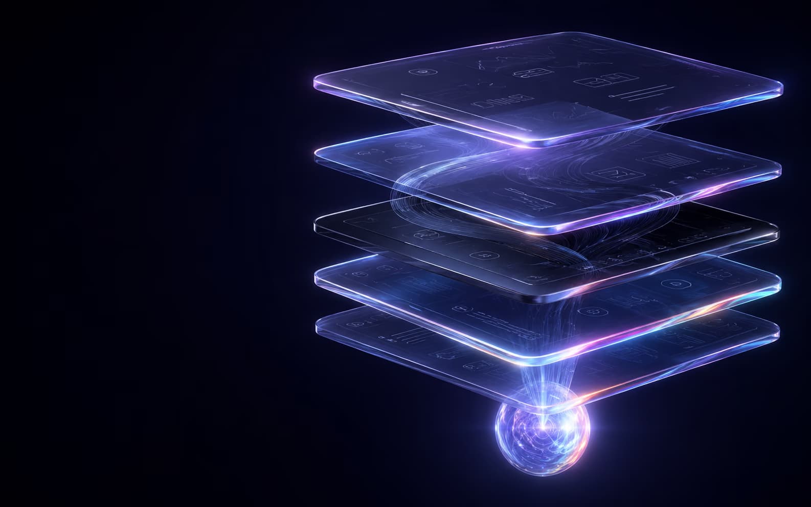 Iridescent holographic stack of glass panels representing Echobyt AI agent operating system